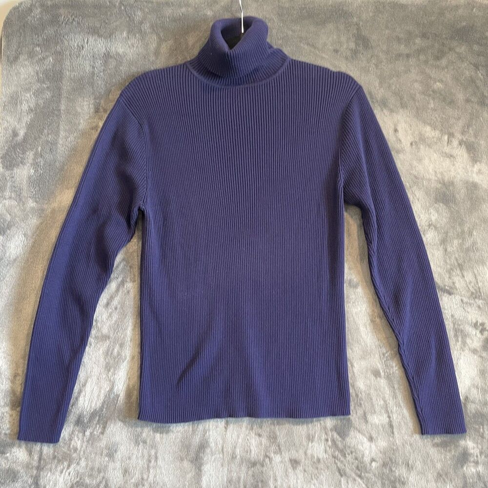 MODA INTERNATIONAL Navy Blue Ribbed Knit 100% Cotton Turtleneck Large Long Slv